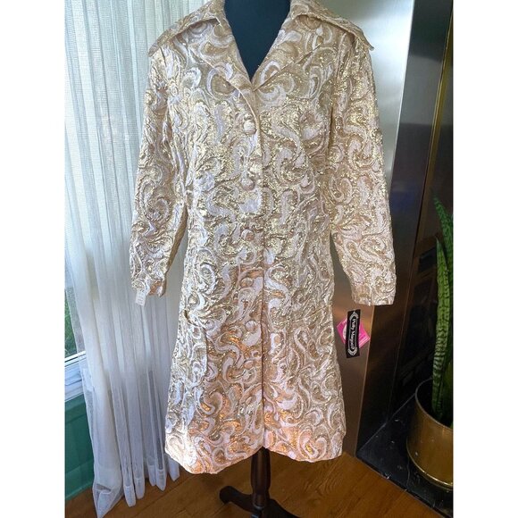 Vintage 70s gold lame jacket, glam golden brocade, large wing dagger lapels, NOS - Picture 1 of 11